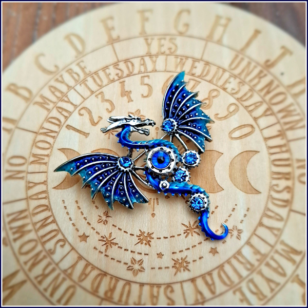 "Blauer Steampunk-Drache" - Brosche und Kettenanhänger - 2 in 1