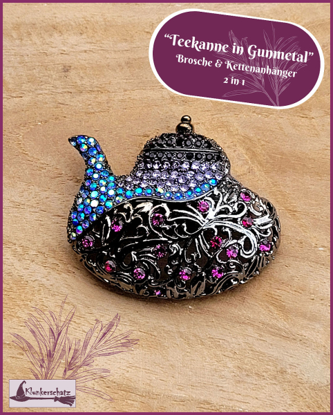 „Teekanne in Gunmetal“ - Brosche (und Kettenanhänger) – 2 in 1