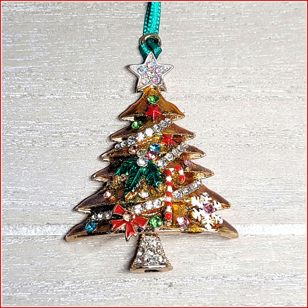 Geschenk- oder Weihnachtsbaumanhänger "Reich geschmückter Weihnachtsbaum"  in Goldgelb
