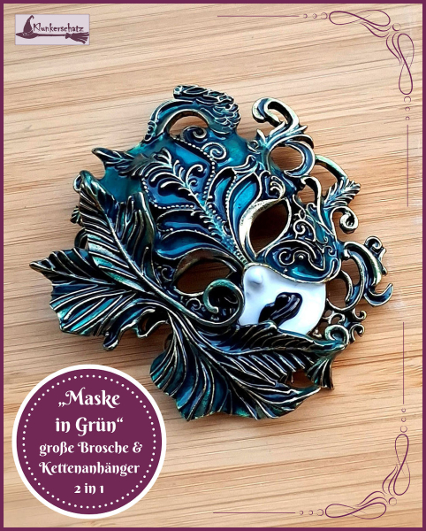 „Maske in Grün“ – große Brosche & Kettenanhänger – 2 in 1